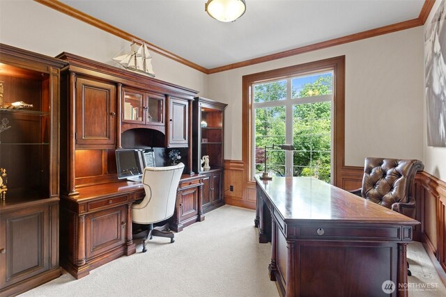 4569 162nd Ln SE, Bellevue, WA 98006 - office area featuring wainscoting, light colored carpet, ornamental molding, and built in desk