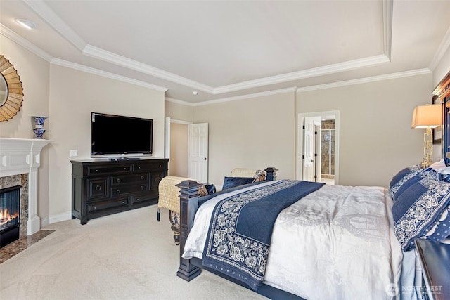 4569 162nd Ln SE, Bellevue, WA 98006 - bedroom with a raised ceiling, carpet floors, crown molding, and a fireplace