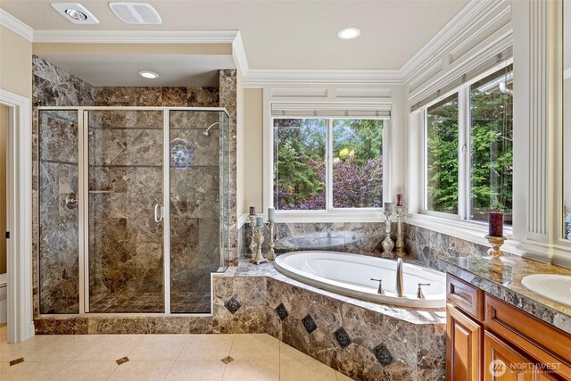 4569 162nd Ln SE, Bellevue, WA 98006 - full bath featuring a bath, a stall shower, vanity, crown molding, and tile patterned flooring
