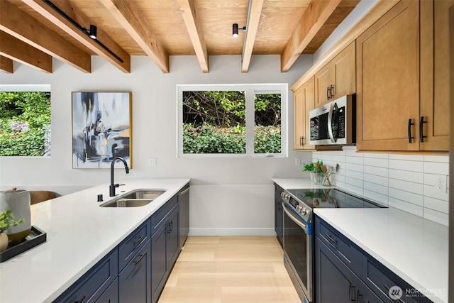 9694 51st Ave S, Seattle, WA 98118 - kitchen with appliances with stainless steel finishes, healthy amount of natural light, light countertops, and a wooden ceiling with exposed beams