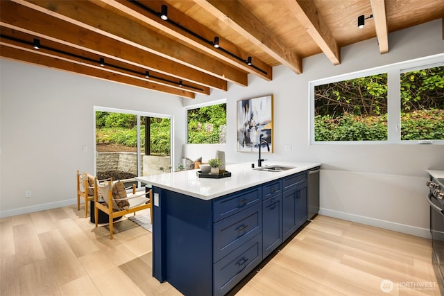 9694 51st Ave S, Seattle, WA 98118 - kitchen with blue cabinetry, light countertops, light wood-type flooring, stainless steel dishwasher, and a wood ceiling with exposed beams