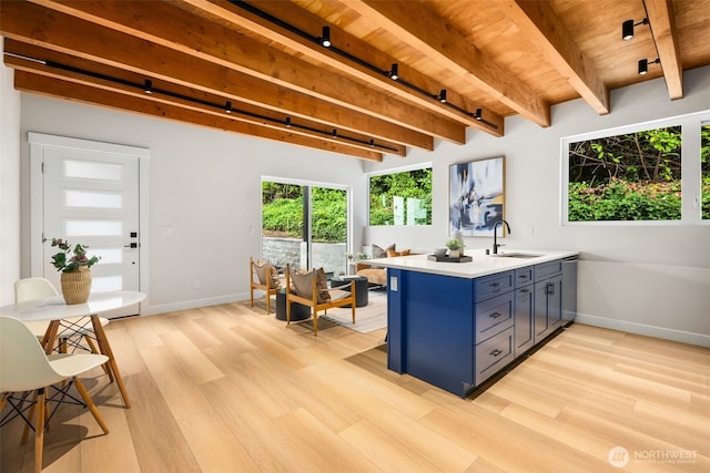 9694 51st Ave S, Seattle, WA 98118 - kitchen featuring light wood finished floors, blue cabinetry, light countertops, a peninsula, and a wooden ceiling with exposed beams
