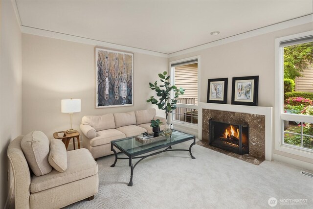 1732 Bellevue Way NE, Bellevue, WA 98004 - living room featuring healthy amount of natural light, a high end fireplace, and carpet floors