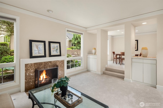1732 Bellevue Way NE, Bellevue, WA 98004 - carpeted living area with a high end fireplace and baseboards