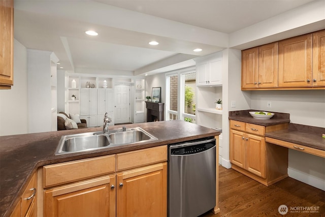 1732 Bellevue Way NE, Bellevue, WA 98004 - kitchen featuring stainless steel dishwasher, dark countertops, dark wood-style floors, open floor plan, and recessed lighting