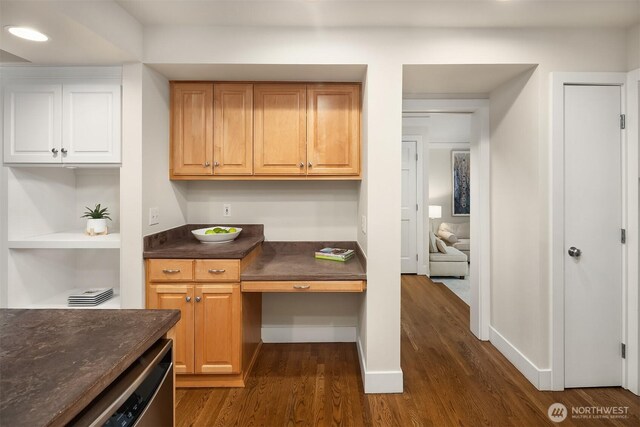 1732 Bellevue Way NE, Bellevue, WA 98004 - kitchen with dark countertops, dark wood-type flooring, dishwasher, and white cabinets