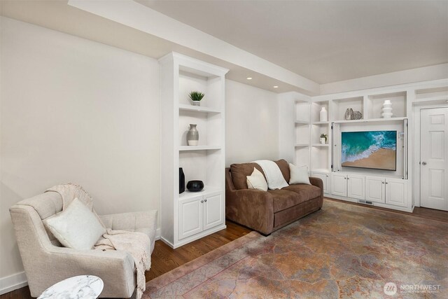 1732 Bellevue Way NE, Bellevue, WA 98004 - living area featuring built in shelves, wood finished floors, and recessed lighting