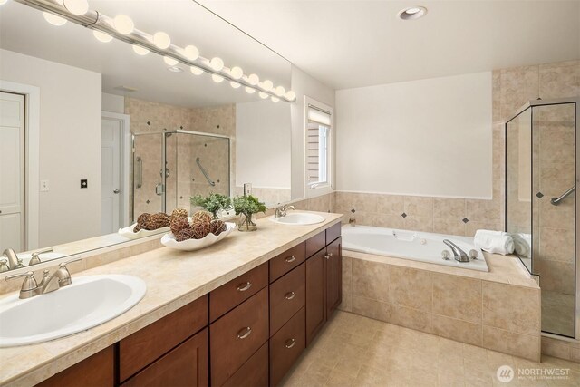 1732 Bellevue Way NE, Bellevue, WA 98004 - full bathroom with a stall shower, double vanity, a garden tub, and tile patterned floors
