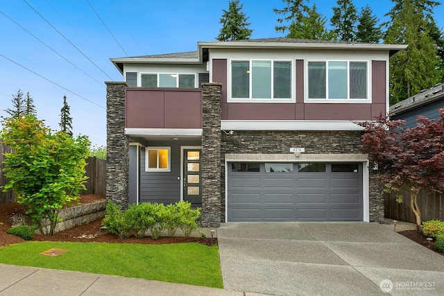 4214 223rd Pl SE, Bothell, WA 98021 - modern home with stone siding, driveway, a balcony, and a garage