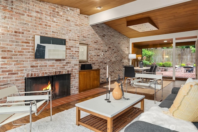 4148 Boulevard Pl, Mercer Island, WA 98040 - living room with wood finished floors, wood ceiling, an outdoor brick fireplace, and brick wall