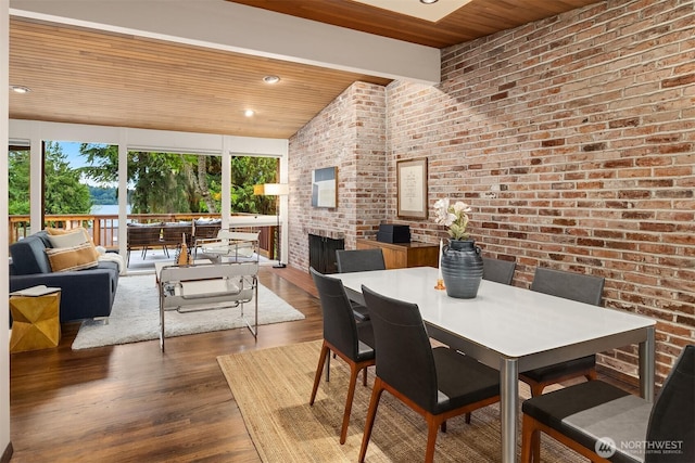 4148 Boulevard Pl, Mercer Island, WA 98040 - dining space with wood ceiling, a fireplace, wood finished floors, and brick wall