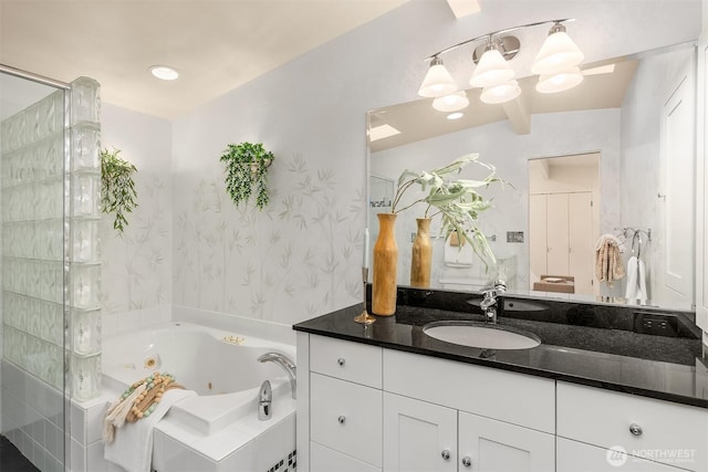 4148 Boulevard Pl, Mercer Island, WA 98040 - full bathroom featuring vanity, a jetted tub, beamed ceiling, and wallpapered walls