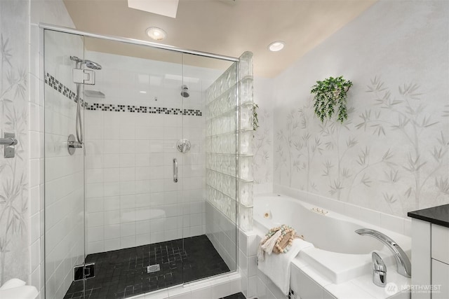 4148 Boulevard Pl, Mercer Island, WA 98040 - bathroom with a tub with jets, a shower stall, recessed lighting, and wallpapered walls