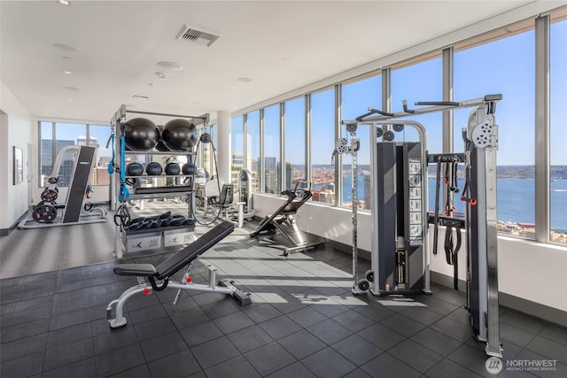 2510 6th Ave Unit 2809, Seattle, WA 98121 - workout area with floor to ceiling windows, a water view, and a view of city