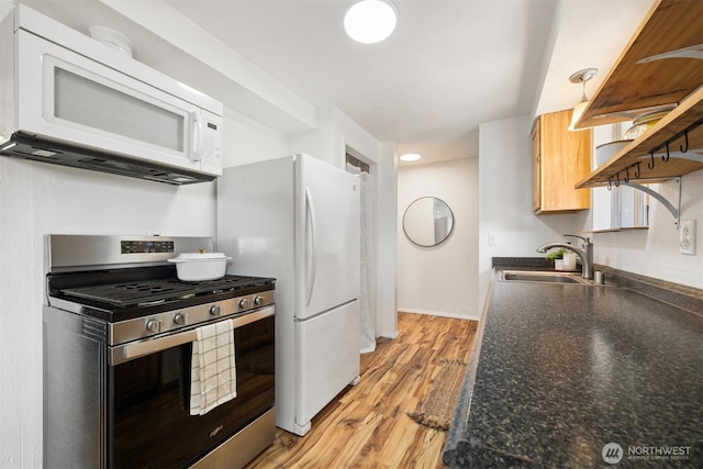 6819 Braker Way, Lynden, WA 98264 - kitchen featuring white appliances, dark countertops, light wood-type flooring, and recessed lighting