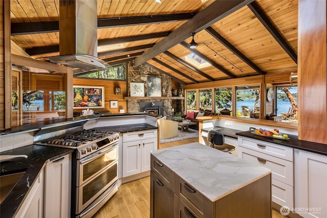 512 Broken Point Rd, Shaw Island, WA 98286 - kitchen with double oven range, wood ceiling, healthy amount of natural light, light wood-style flooring, and a skylight