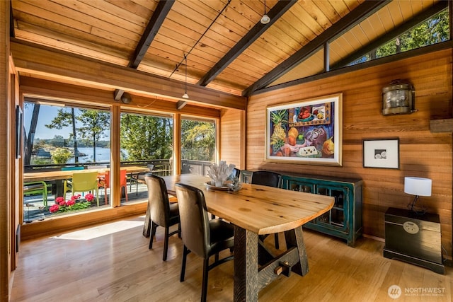 512 Broken Point Rd, Shaw Island, WA 98286 - dining space with wooden ceiling, wooden walls, and wood finished floors