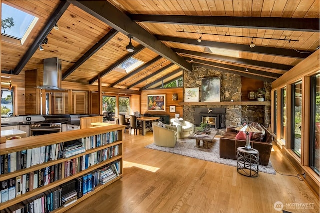 512 Broken Point Rd, Shaw Island, WA 98286 - living area with a skylight, wood ceiling, rail lighting, and wood finished floors