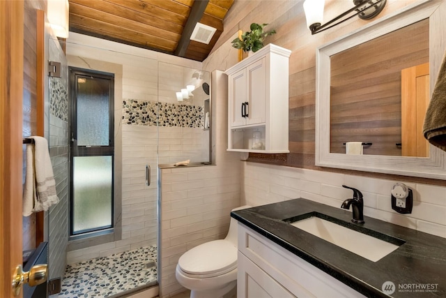 512 Broken Point Rd, Shaw Island, WA 98286 - full bathroom with vanity, a shower stall, wood ceiling, and tile walls