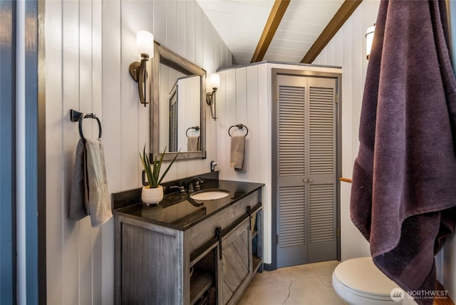 512 Broken Point Rd, Shaw Island, WA 98286 - bathroom featuring vanity, a closet, beam ceiling, and tile patterned floors