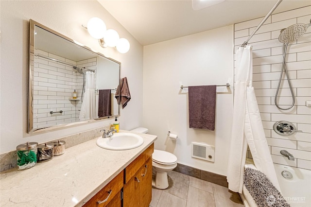 1121 W 12th St, Port Angeles, WA 98363 - bathroom featuring vanity, shower / bathtub combination with curtain, tile patterned floors, and heating unit