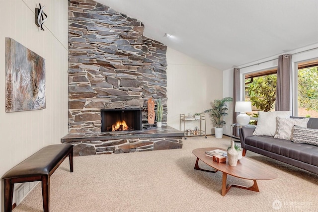 15025 SE 22nd St, Bellevue, WA 98007 - living area with vaulted ceiling, carpet, and a fireplace