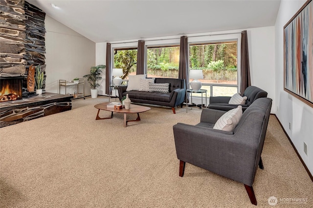 15025 SE 22nd St, Bellevue, WA 98007 - living room with vaulted ceiling, carpet floors, and a fireplace