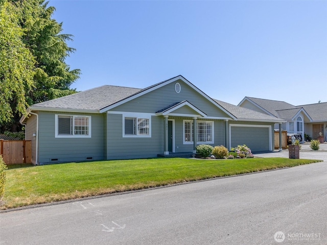 501 Summer Breeze Ln, Sequim, WA 98382 - ranch-style house with a shingled roof, a garage, driveway, and crawl space