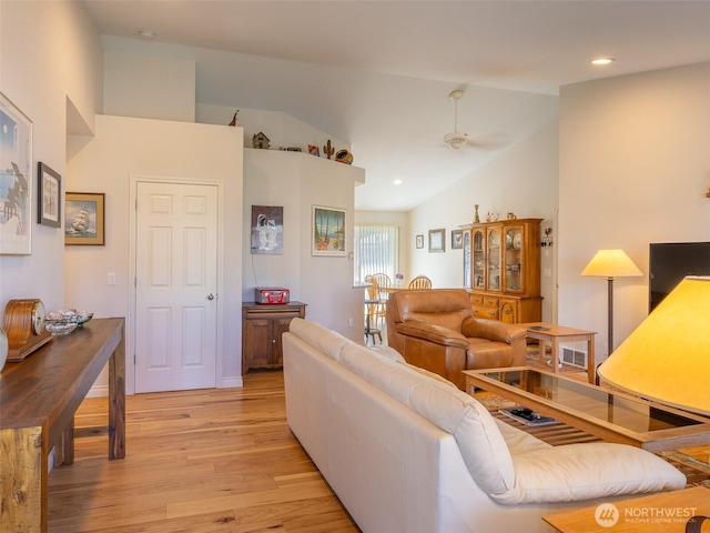 501 Summer Breeze Ln, Sequim, WA 98382 - living room featuring light wood-style floors, lofted ceiling, ceiling fan, and recessed lighting