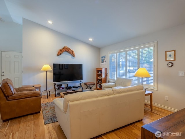 501 Summer Breeze Ln, Sequim, WA 98382 - living area featuring lofted ceiling, light wood-style flooring, and recessed lighting