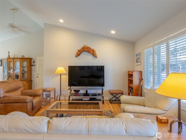 501 Summer Breeze Ln, Sequim, WA 98382 - living room featuring lofted ceiling, wood finished floors, ceiling fan, and recessed lighting