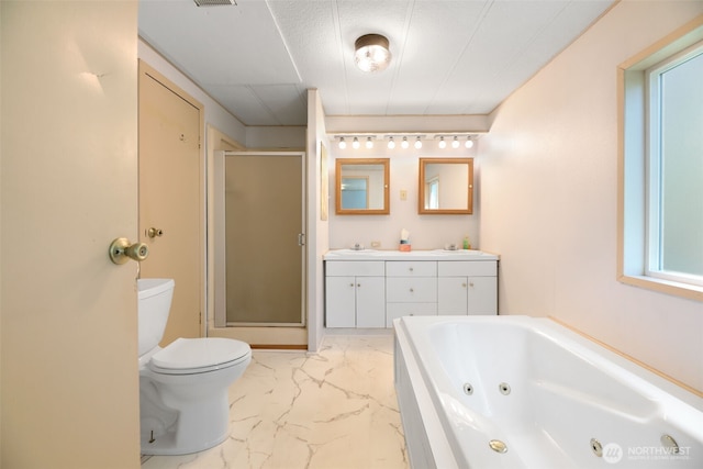 15932 427th Ave SE, Gold Bar, WA 98251 - bathroom featuring a shower stall, marble look tile flooring, a whirlpool tub, and double vanity