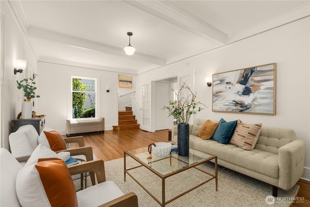 1515 2nd Ave W, Seattle, WA 98119 - living area with wood finished floors, beamed ceiling, ornamental molding, and stairs