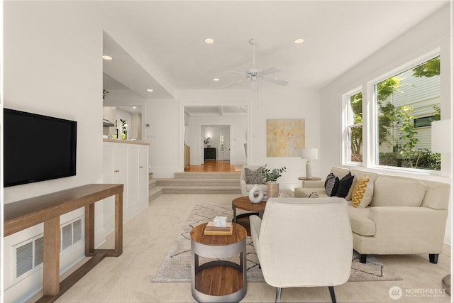 1515 2nd Ave W, Seattle, WA 98119 - living room featuring recessed lighting, a ceiling fan, and light colored carpet