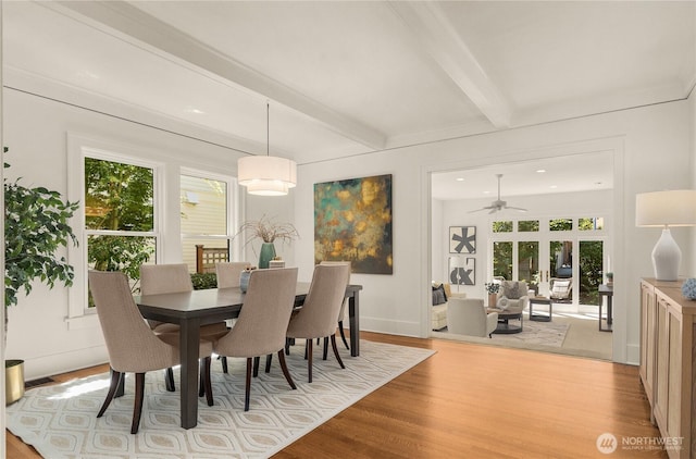1515 2nd Ave W, Seattle, WA 98119 - dining space featuring wood finished floors, beam ceiling, and a ceiling fan