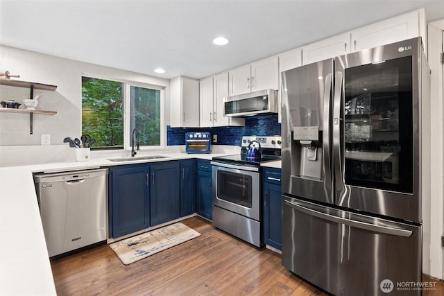 19833 95th Ave NE, Bothell, WA 98011 - kitchen with stainless steel appliances, blue cabinets, open shelves, white cabinetry, and light countertops