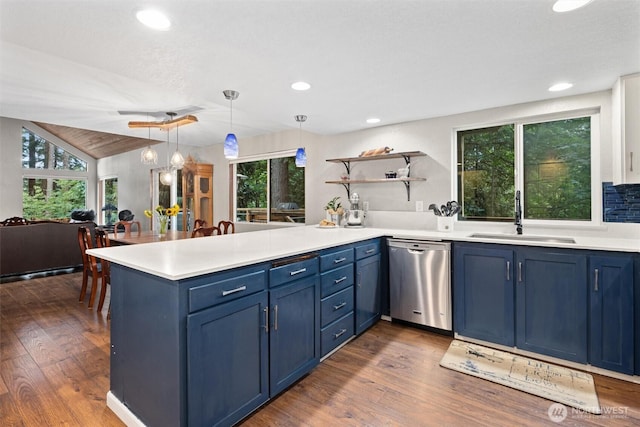 19833 95th Ave NE, Bothell, WA 98011 - kitchen with stainless steel dishwasher, blue cabinets, a peninsula, dark wood-type flooring, and open shelves