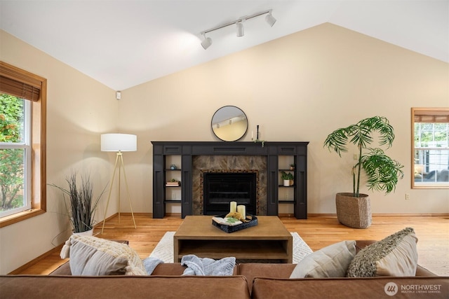 3120 Tanglewood Ln, Bellingham, WA 98226 - living room featuring vaulted ceiling, rail lighting, a premium fireplace, and wood finished floors