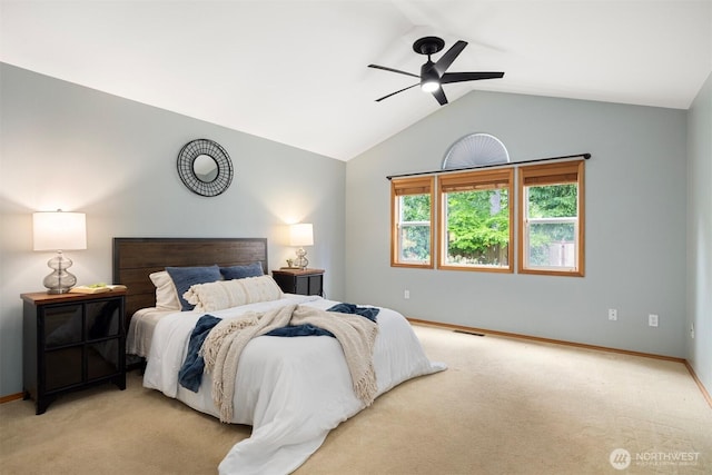 3120 Tanglewood Ln, Bellingham, WA 98226 - bedroom featuring light carpet, lofted ceiling, and a ceiling fan