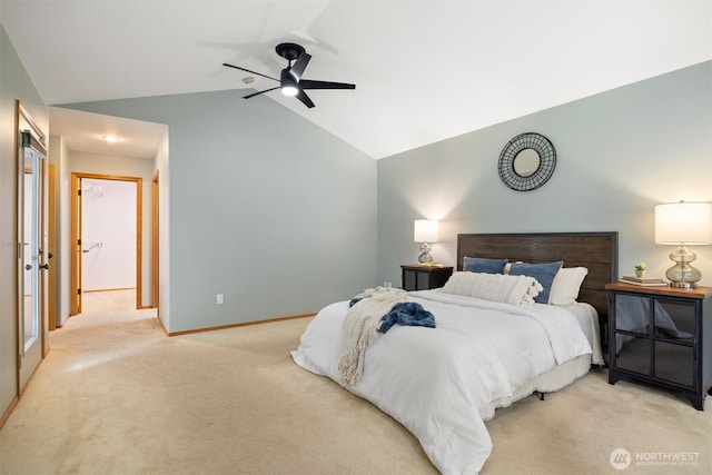 3120 Tanglewood Ln, Bellingham, WA 98226 - bedroom with light colored carpet, vaulted ceiling, and a ceiling fan