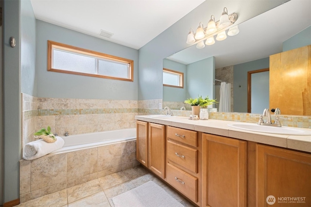 3120 Tanglewood Ln, Bellingham, WA 98226 - full bathroom with double vanity, a bath, and curtained shower