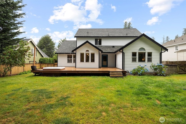 3120 Tanglewood Ln, Bellingham, WA 98226 - back of house with a fenced backyard, a deck, and roof with shingles