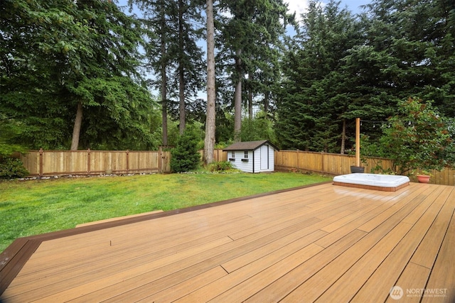 3120 Tanglewood Ln, Bellingham, WA 98226 - wooden terrace featuring a shed, a fenced backyard, and view of scattered trees
