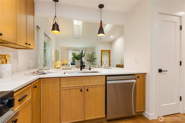 14703 121st Ct NE, Kirkland, WA 98034 - kitchen featuring stainless steel dishwasher, a peninsula, backsplash, and light countertops