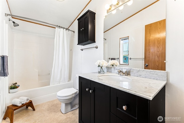 10900 Kuhlmann Rd SE Unit 50, Olympia, WA 98513 - bathroom featuring vaulted ceiling, vanity, and shower / bath combo with shower curtain
