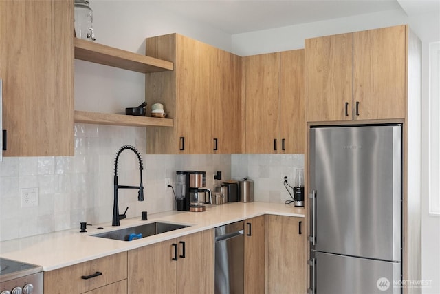 8455 Delridge Way SW, Seattle, WA 98106 - kitchen featuring stainless steel appliances, open shelves, backsplash, light countertops, and modern cabinets