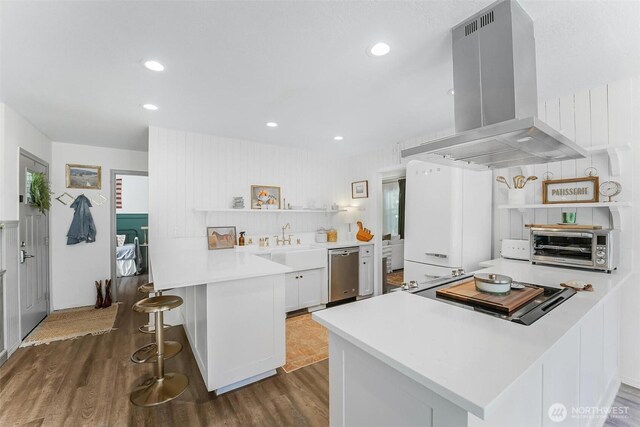 15922 Lindsay Rd SE, Yelm, WA 98597 - kitchen featuring open shelves, stainless steel dishwasher, island exhaust hood, dark wood-style floors, and a peninsula