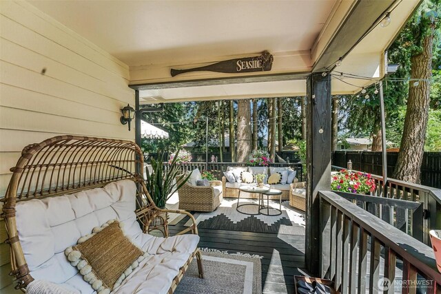 15922 Lindsay Rd SE, Yelm, WA 98597 - wooden terrace featuring outdoor lounge area