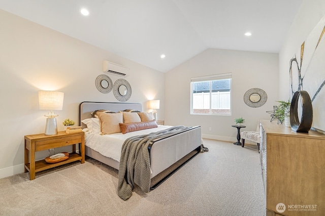 5738 S Zabo Rd, Spokane, WA 99224 - bedroom with a wall unit AC, light carpet, vaulted ceiling, and recessed lighting