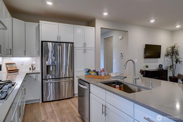 29207 217th Pl SE Unit 1, Black Diamond, WA 98010 - kitchen with appliances with stainless steel finishes, light wood-style flooring, white cabinets, recessed lighting, and tasteful backsplash